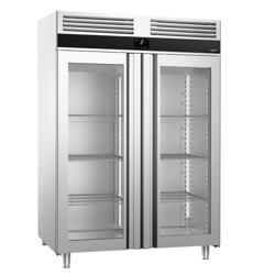 Jääkaappi Ruostumaton teräs PREMIUM - GN 2/1 - 1400 l - +2…+8 °C - mitat 2 lasiovea - LED-valaistus, kiertoilmajäähdytys, automaattinen sulatus, R290