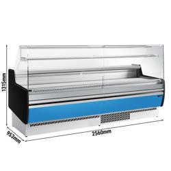 Koeltoonbank - 2560x953mm - 282 liter - kleur hellblauw - front hellblauw - rechte ruit - met 4 deuren - met 1 legroosters