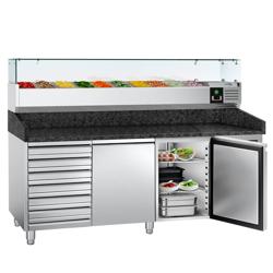 Pizzawerkbank PREMIUM - 2025x800mm - met granieten werkblad - met 2 deuren & 7 laden - incl. glasvitrine - 10x GN 1/4
