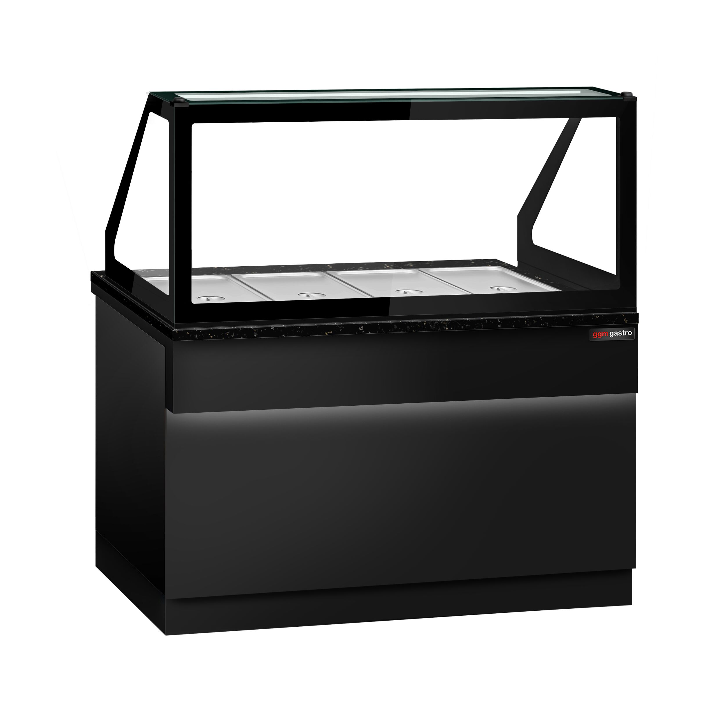 Vitrine chauffante TORONTO – 1500 mm – façade noire – pour 4 × GN 1/1 – plan de travail en granit noir