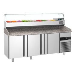 Pizzawerkbank PREMIUM - 2100x800mm - met granieten werkblad - met 3 deuren - incl. glasvitrine - 10x GN 1/3