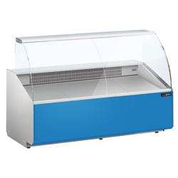 Chladicí pult - 1881x979x1323 mm - 387 l - Barva tmavě šedá - Přední panel světle modrá - se skleněným čelem - s 3 dveřmi - pracovní a odkládací plocha