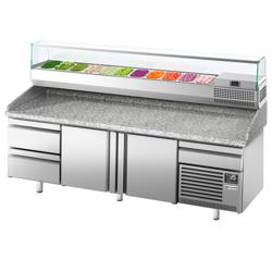 Pizzakylbänk PREMIUM PLUS - 2305x800 mm - granitskiva - med 2 dörrar & 2 lådor - inkl. kylränna med glastopp - 11x GN 1/4