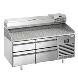 Pizzawerkbank PREMIUM PLUS - 1490x700mm - met granieten werkblad - met 4 laden - incl. opzetkoelvitrine - 6x GN 1/4