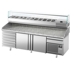 Pizza Hazırlık Tezgahı Premium PLUS - 2305x800mm -2 Kapılı & 6 Çekmeceli - Soğutmalı vitrin dahil -11x GN 1/4