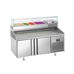 Masă rece pentru pizza PREMIUM PLUS - cu blat din granit - 1738x800 mm - cu 2 uși - cu vitrină de ingrediente - 6x GN 1/3