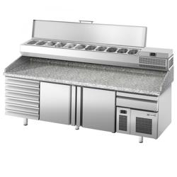 Pizzawerkbank PREMIUM PLUS - 2305x800mm - granieten werkblad - met 2 deuren & 7 laden - incl. koelopzetvitrine - 11x GN 1/4