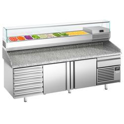Pizzawerkbank PREMIUM PLUS - 2305x800mm - met granieten werkblad - met 2 deuren & 6 laden - incl. glasvitrine - 10x GN 1/3