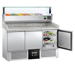 Masă rece pentru pizza PREMIUM - cu blat din granit - 1400x700 mm - cu 3 uși - cu vitrină de ingrediente cu LED - 6x GN 1/4