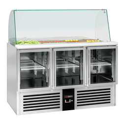 Saladette PREMIUM - 1368mm - 3 glazen deuren - met hoge glazen opzetstuk voor 4x GN 1/1