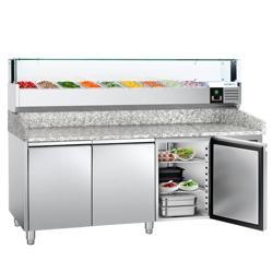 Commercial Refrigerated Pizza Prep Counter PREMIUM - 2000x800 - 3 Doors - Top Display Rail LED - 9x GN 1/3