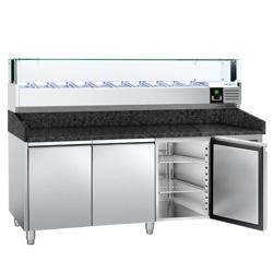 Pizzawerkbank PREMIUM - 2000x800mm - met granieten werkblad - met 3 deuren - incl. glasvitrine LED - 10x GN 1/4