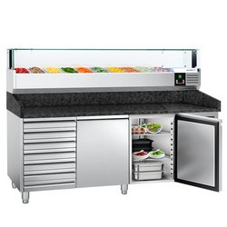 Rashladni pult za pripremu pizze PREMIUM - 2000x800 mm - sa 2 vrata & 7 ladica - uklj. Rashladna nadograđena vitrina LED - 10x GN 1/4
