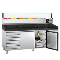 Pizzawerkbank PREMIUM - 2025x800mm - met granieten werkblad - met 2 deuren & 7 laden - incl. glasvitrine LED - 10x GN 1/4