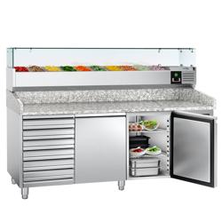 Balcão de pizza refrigerado ECO - 2025x800mm - com tampo em granito - com 2 portas e 7 gavetas 600x400mm - incl. vitrina refrigerada superior - 9x GN 1/3