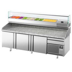 Pizzawerkbank PREMIUM PLUS - 2305x800mm - met granieten werkblad - met 3 deuren & 1 laden - incl. glasvitrine - 10x GN 1/3