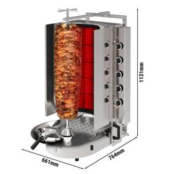 Gazowy Opiekacz do kebaba - z szybą ROBAX® - 10 palniki - max. 90kg - Urządzenie stołowe - w zestawie: Sztyca, klamra, talerz na mięso, taca ociekowa, łopatka do kebaba i zestaw drzwi na zawiasach