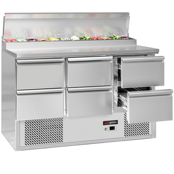 Saladette / mesa de preparação ECO - 1,37 x 0,7 m - com 6 gavetas 1/2