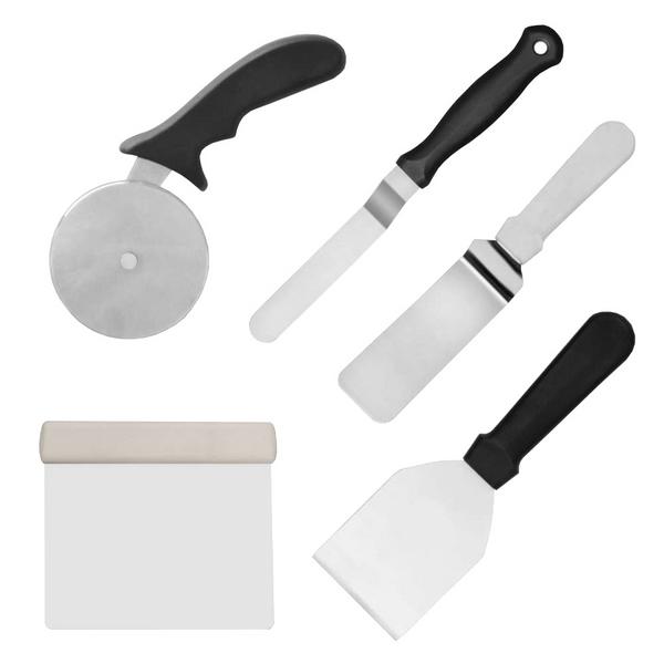Pastane Seti - Paslanmaz çelik - 5-parça - 1 pizza kesici, 2 palet bıçağı, 1 spatula ve 1 hamur spatulası