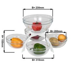 Expositor de buffet - Acero inoxidable - Blanco - cuadrado - Altura: 360mm - incl. 5 fuentes de cristal 4x200x200mm, 1x230x230mm - con 5 estantes