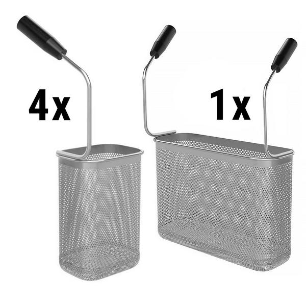 Pastamanden-set - 1x 290x105x200mm | 4x 140x105x200mm | totaal 2,4kg - RVS | hittebestendige materialen | afgeronde hoeken - voor pastakokers - zonder teflon stekker