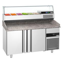 Commercial Pizza Prep Counter - Granite Top PREMIUM - 1550x800mm - with 2 doors - incl. refrigerated topping unit with glass sneeze guard - 6x GN 1/3