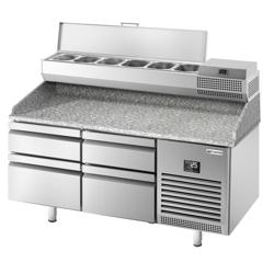Chladicí stůl na pizzu PREMIUM PLUS - 1490x700 mm - se 4 zásuvkami - se žulovou pracovní deskou - vč. chladicí nástavbové vitríny - 6x GN 1/4