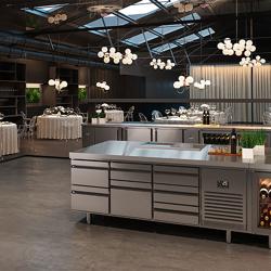 Tavolo refrigerato per bevande da bar Premium PLUS - 1960x700mm - con 3 porte in vetro e alzatina