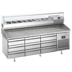 Pizzawerkbank PREMIUM PLUS - 1980x700mm - met granieten werkblad - met 9 laden - incl. glasvitrine - 9x GN 1/4