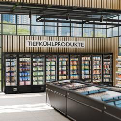 Commercial wall-mounted freezer display shelving - 1890 mm - 1539 litres - with 3 double-glazed hinged doors and 5 shelves