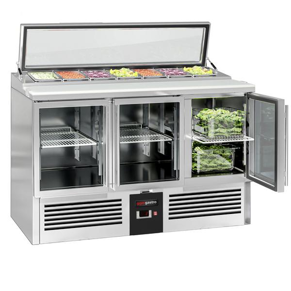 Saladette PREMIUM - 1365mm - 3 glazen deuren - met ingang voor 7x GN 1/3 & Glazen deksel