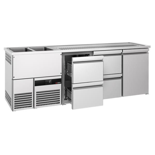 Commercial Refrigerated Beer Counter PREMIUM – 1-Door & 4-Drawer – 2 Left-hand Sinks – 2500×700 mm