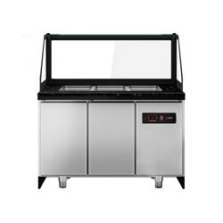 Mesa saladette refrigerada TORONTO - 1250mm - 800L - frontal de madera - 2 puertas macizas - con vitrina de cristal para 3x GN 1/1 & 1 estante - encimera de granito negro