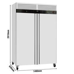 Vrieskast RVS ECO - GN 2/1 - 1480mm - 916liter - tot -22°C tot -18°C - met 2 deuren - geforceerde koeling, automatische ontdooiing, slot, omkeerbare deur, wielen & roosters met rvs rails