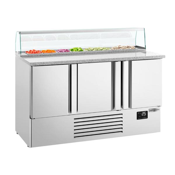 Saladetă PREMIUM PLUS - 1460 mm - 3 uși - cu vitrină ingrediente din sticlă pentru 8x GN 1/6 - blat din granit