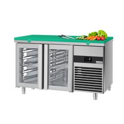 Masă frigorifică PREMIUM - 1400x700mm - cu 2 uși din sticlă - incl. placă de tăiat verde