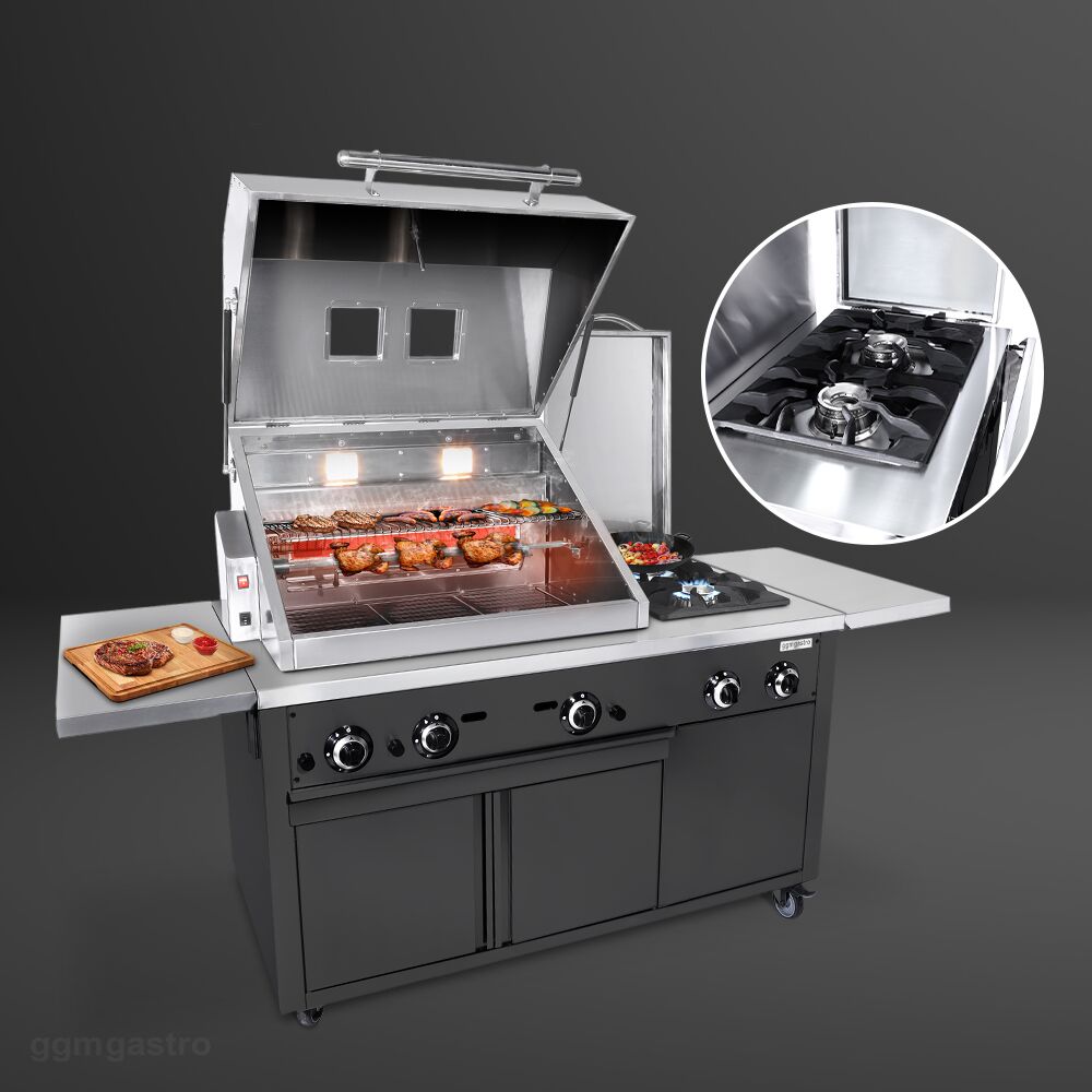 Barbecue à gaz professionnel - 22,5kW - sur pied - P850mm - Noir