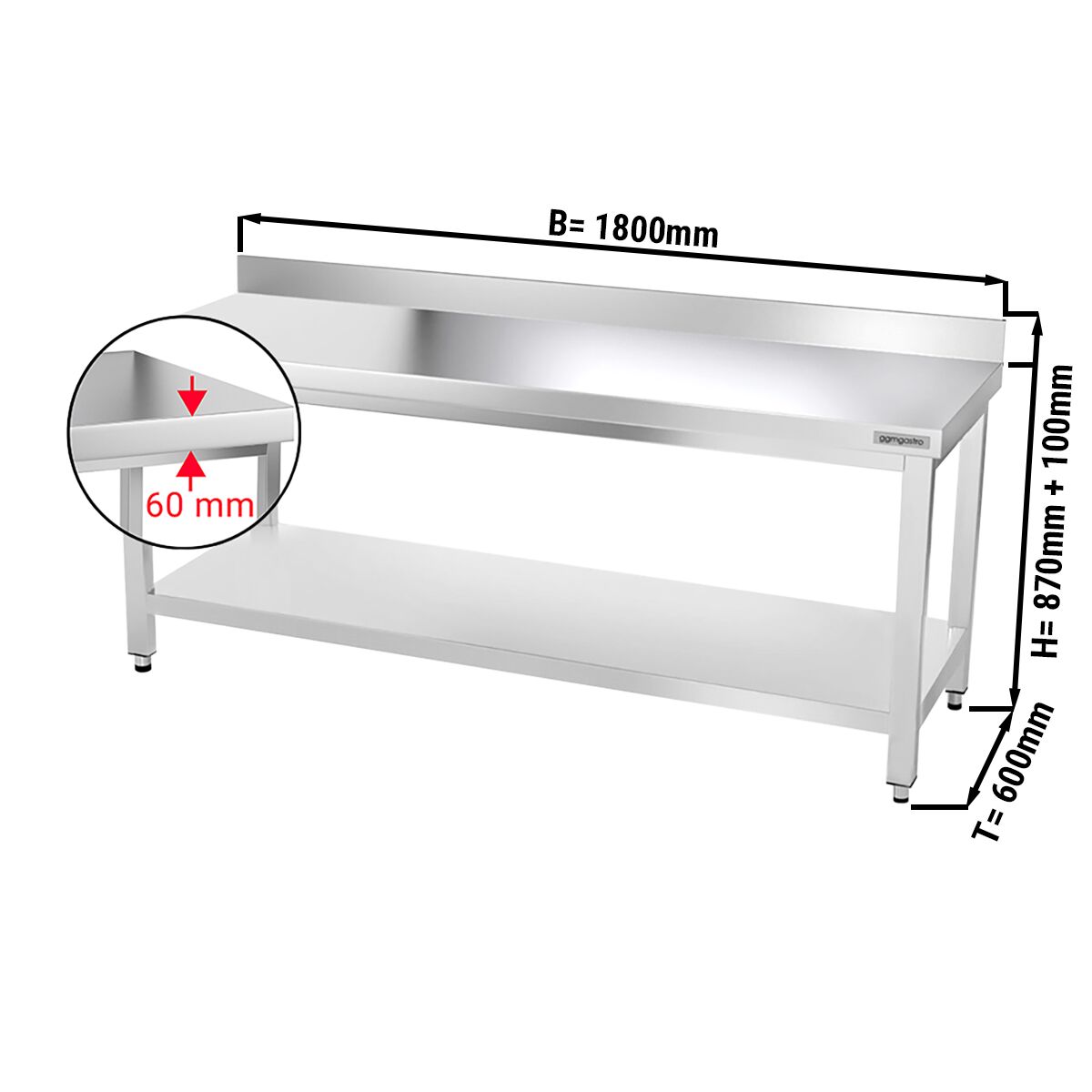 Radni stol od plemenitog čelika PREMIUM - 1800x600 mm - Sa donjom pločom & poleđinom 