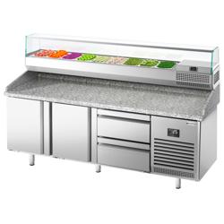 Pizzawerkbank PREMIUM PLUS - 1980x700mm - met granieten werkblad - met 2 deuren & 2 laden - incl. glasvitrine - 9x GN 1/4