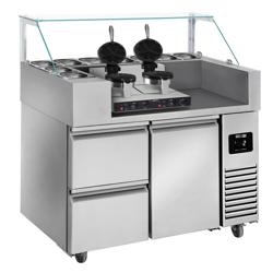 Commercial Refrigerated Prep Table – Glass Top – 1 Door – 2 Drawers – 1210 mm – for 9× GN 1/6 – Includes double waffle maker