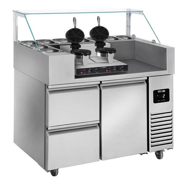 Commercial Refrigerated Prep Table – Glass Top – 1 Door – 2 Drawers – 1210 mm – for 9× GN 1/6 – Includes double waffle maker
