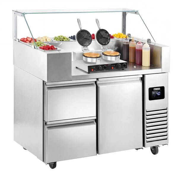Commercial Refrigerated Prep Table – Glass Top – 1 Door – 2 Drawers – 1210 mm – for 9× GN 1/6 – Includes double waffle maker