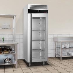 Armario frigorífico de acero inoxidable PREMIUM - 700L - con 1 puerta de cristal - ventilado; R290; desescarche automático; monobloque; cerradura con llave; AISI 304; Panel frontal en azul; pies regulables en altura