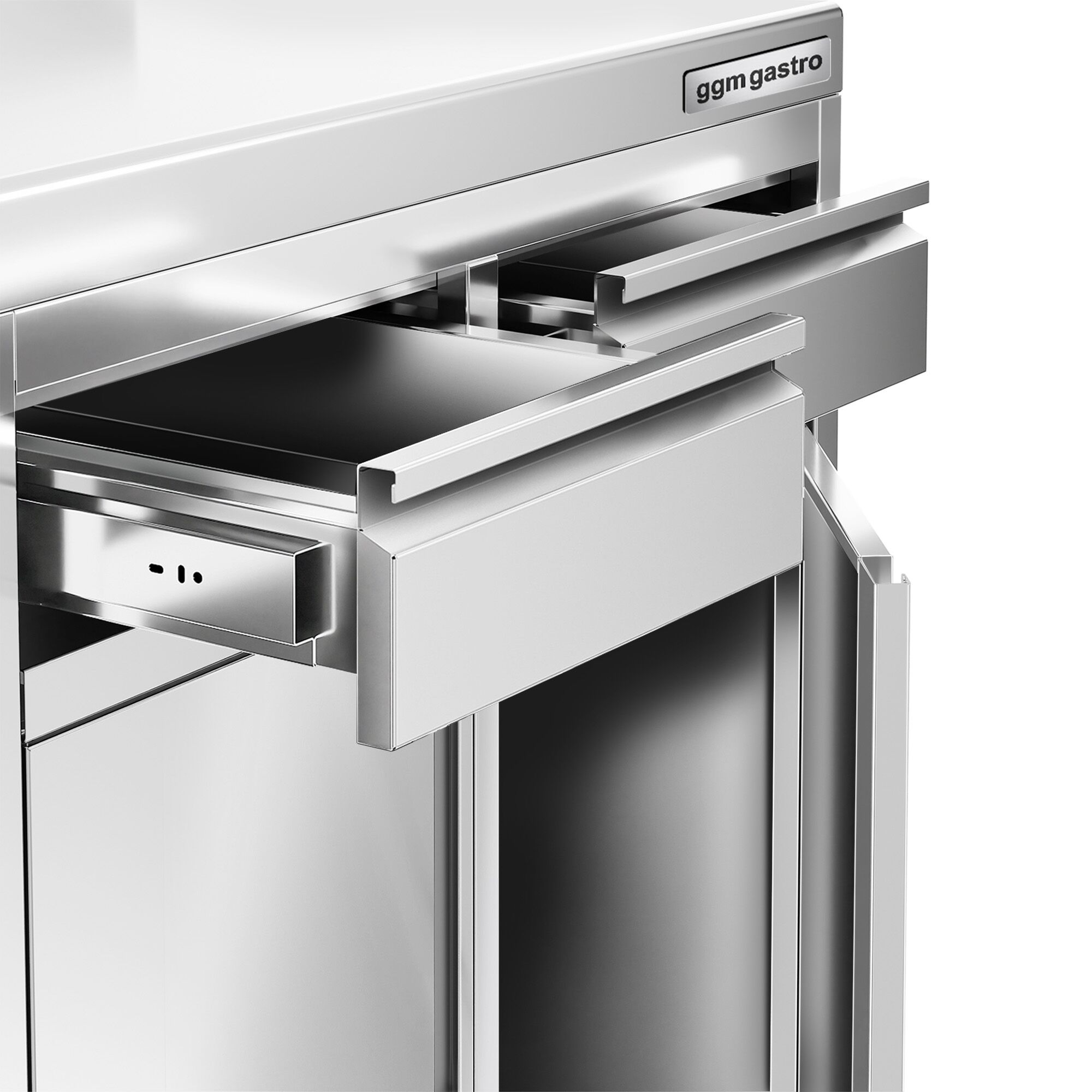 Table armoire en acier inoxydable - 800x600mm - avec 2 tiroirs et portes battantes - avec dosseret - pour machine à café (cafetière à filtre)