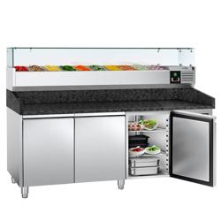 Pizzakylbänk PREMIUM - 2025x800 mm - granitskiva - med 3 dörrar - inkl. kylränna med glasöverbyggnad - 10x GN 1/4