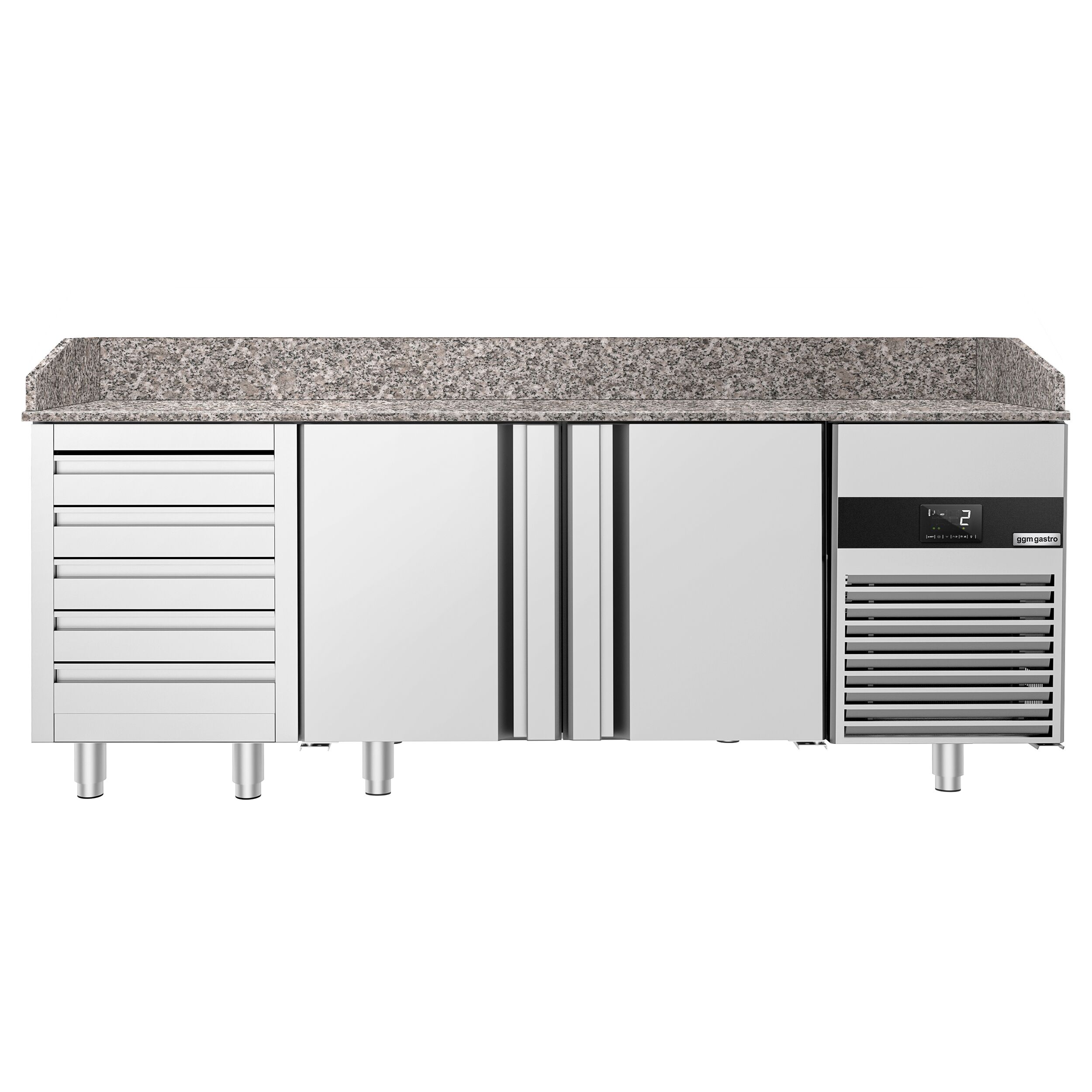 Table réfrigérée pour pizza PREMIUM - 2100 x 800 mm - avec 2 portes & 5 tiroirs