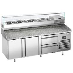 Pizzawerkbank PREMIUM PLUS - 1980x700mm - met granieten werkblad - met 2 deuren & 2 laden - incl. glasvitrine - 9x GN 1/4