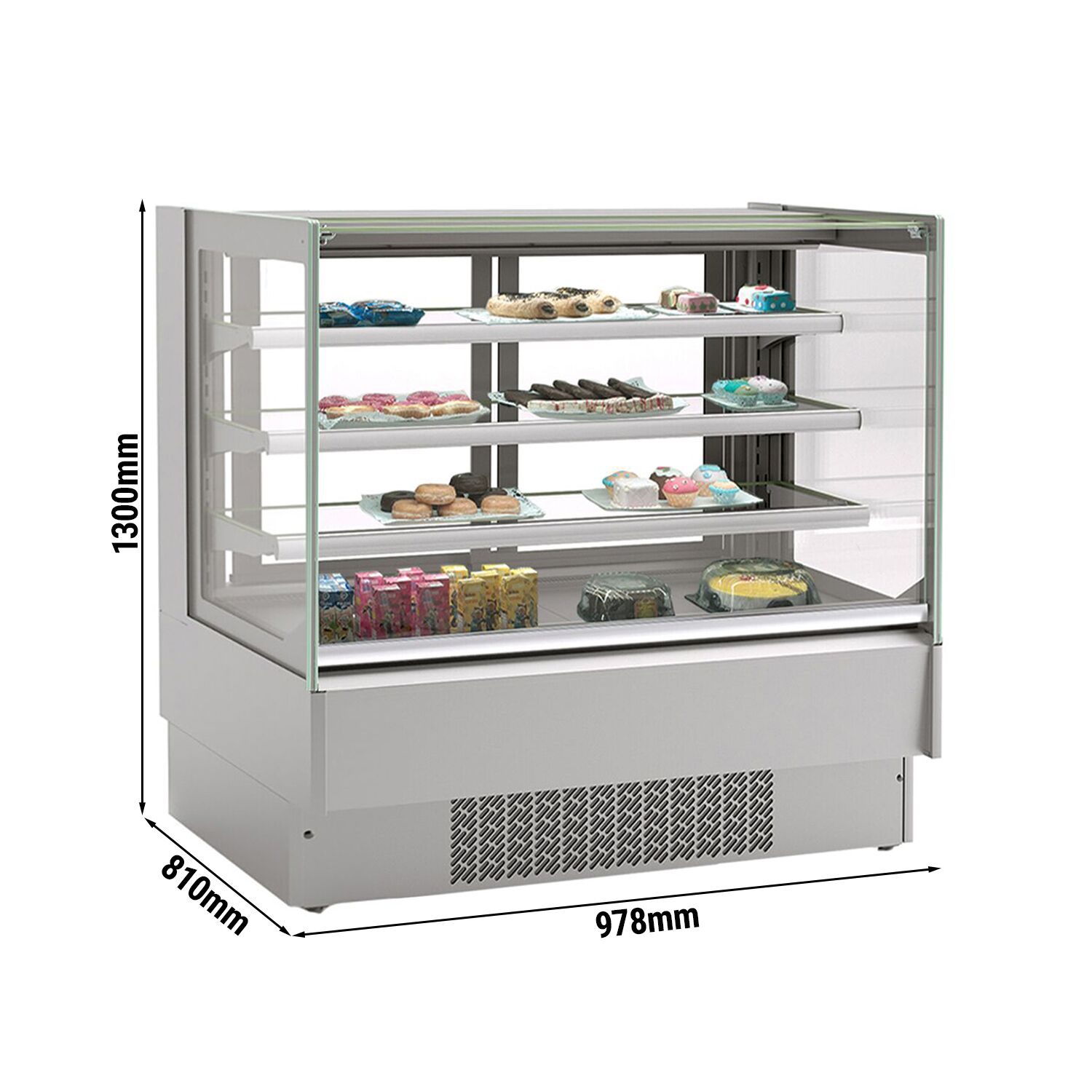 Vitrine à pâtisserie réfrigérée - 274L - 978mm - Double vitrage - avec 3 étagères - portes coulissantes vitrées arrière