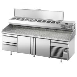 Pizzawerkbank PREMIUM PLUS - 3305x800mm - granieten werkblad - met 3 deuren & 3 laden - incl. koelopzetvitrine - 11x GN 1/4