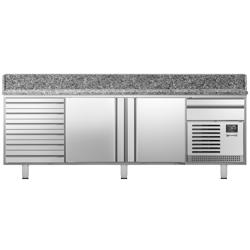 Mesa pizzera refrigerada PREMIUM PLUS - 2305x800mm - encimera de granito - con 2 puertas ciegas y 7 cajones